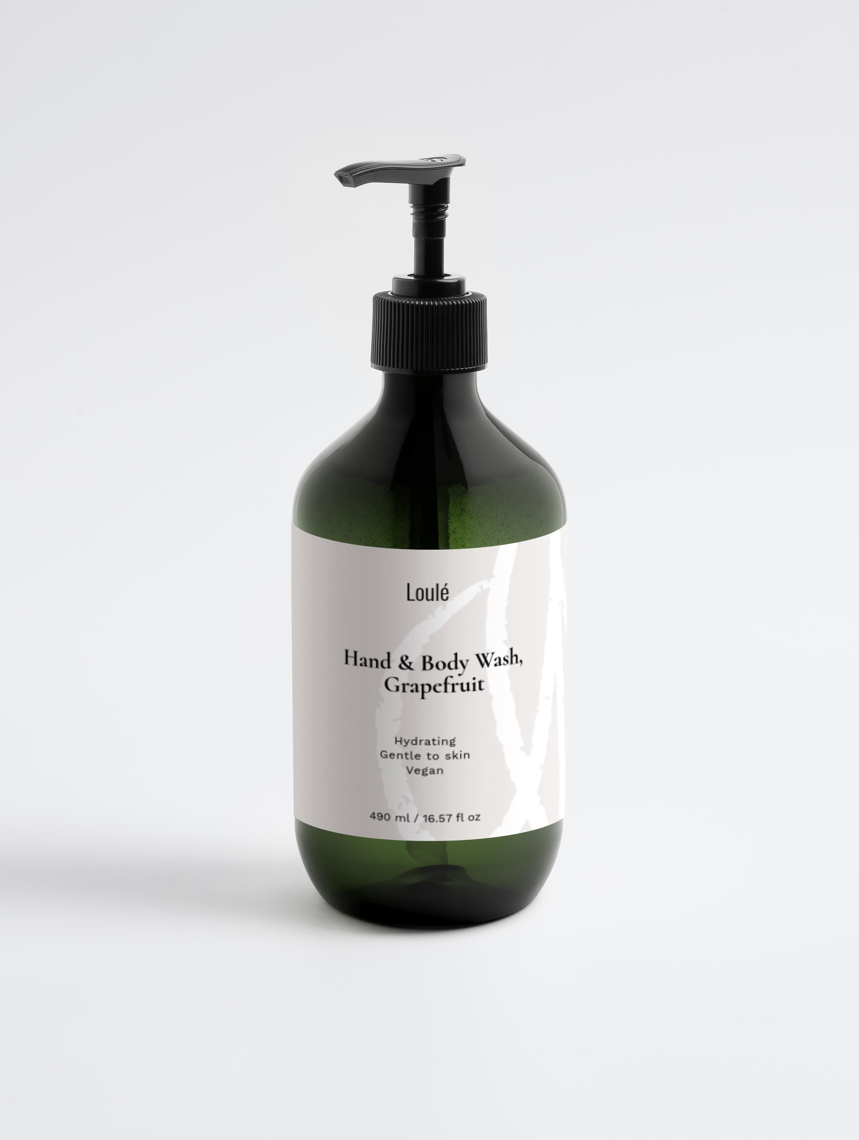 Loulé Hand & Body Wash, Grapefruit in green pump bottle, 490ml. Hydrating vegan formula for gentle cleansing and soft, fresh skin.