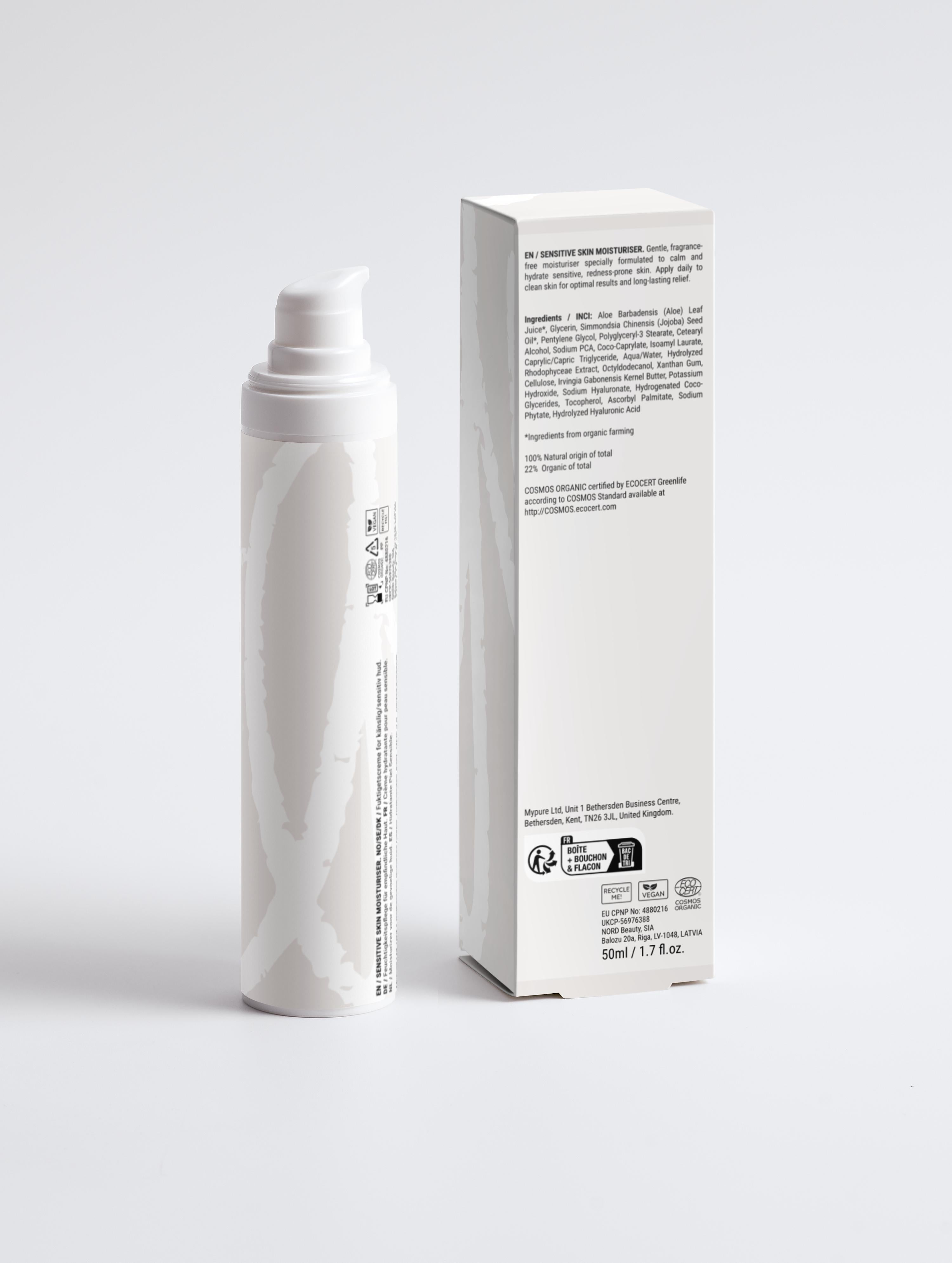 Sensitive Skin Moisturiser, Fragrance Free in white pump bottle with matching box, ideal for calming irritation and hydrating sensitive skin.