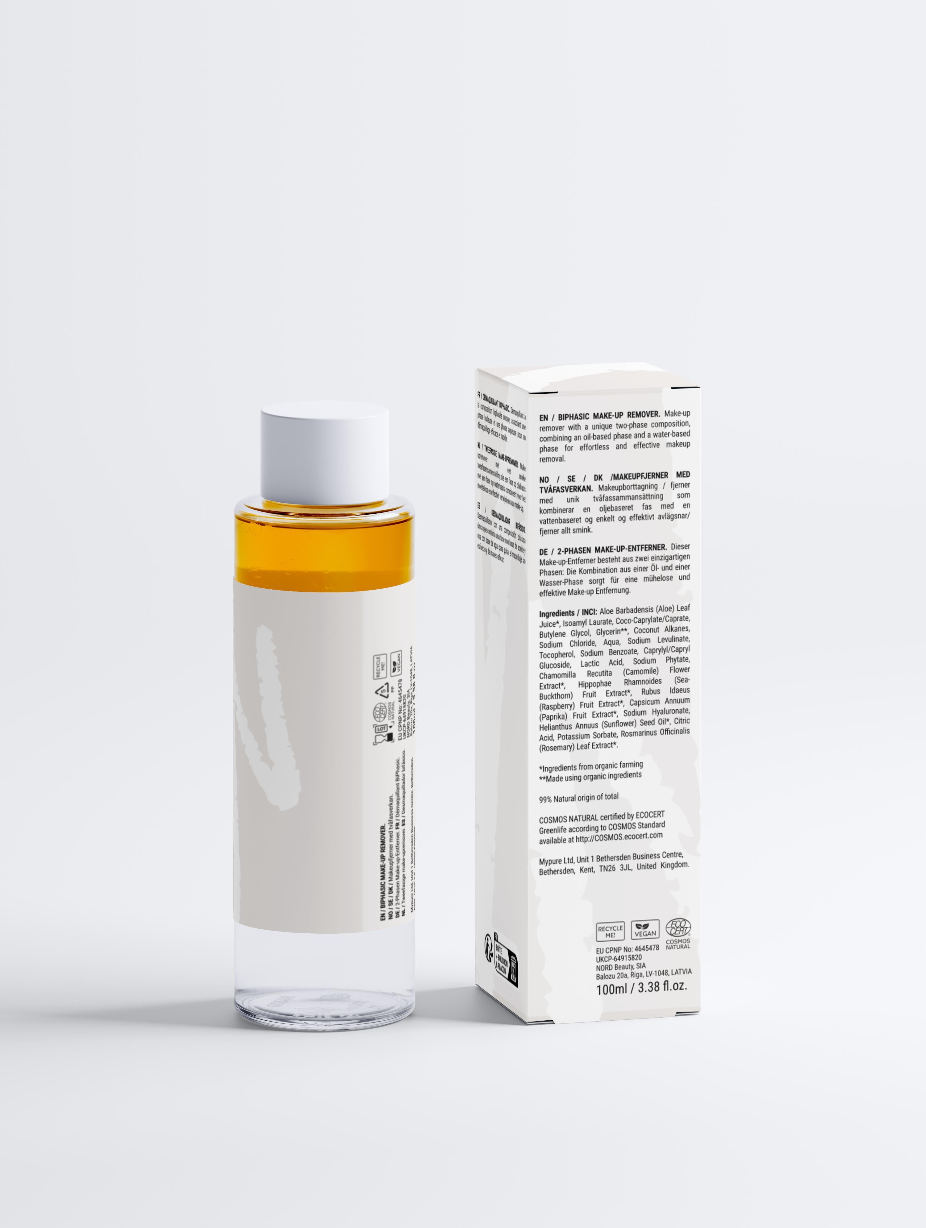 BiPhasic Make-up Remover, Fragrance Free with aloe juice and hyaluronic acid in transparent bottle and box, ideal for all skin types.