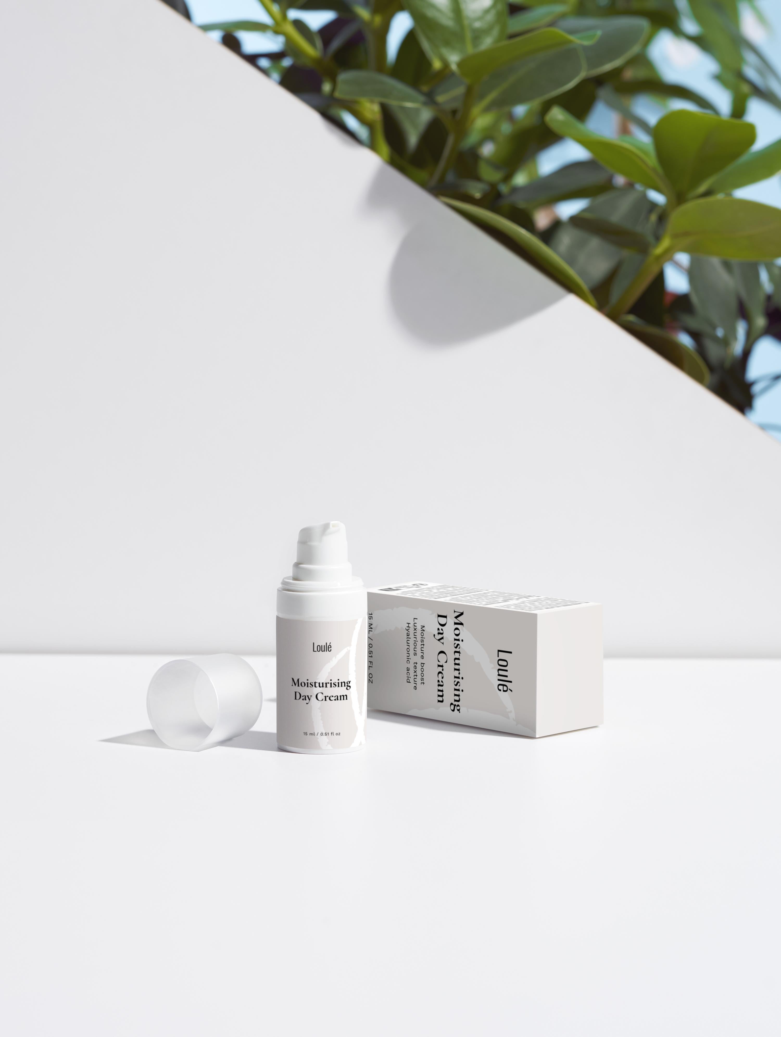 Moisturising Day Cream with hyaluronic acid and aloe juice in white packaging, ideal for dehydrated or normal skin types, shown with product box.
