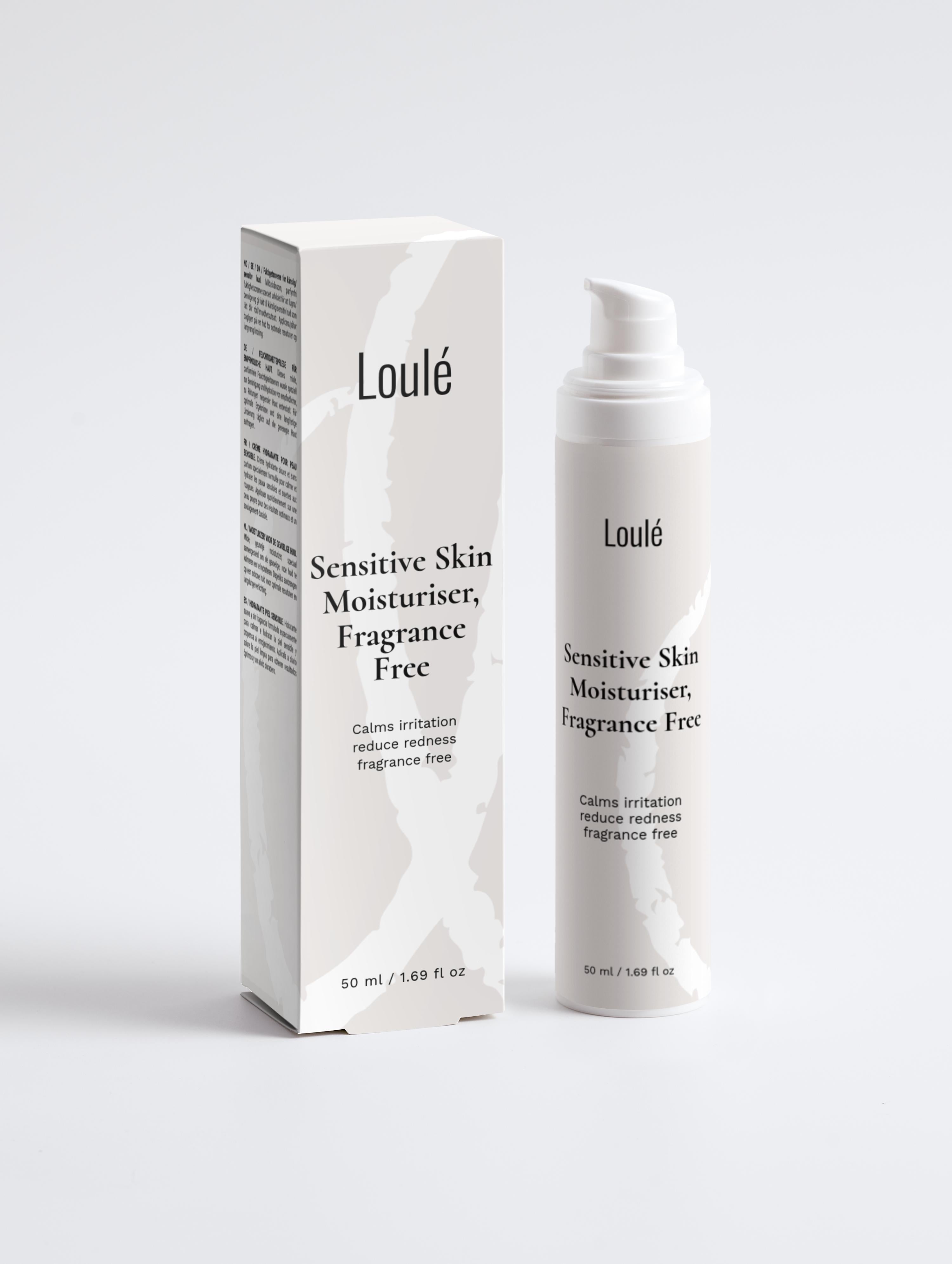 Loulé Sensitive Skin Moisturiser, Fragrance Free in 50ml pump bottle with matching box, ideal for calming irritation and reducing redness.
