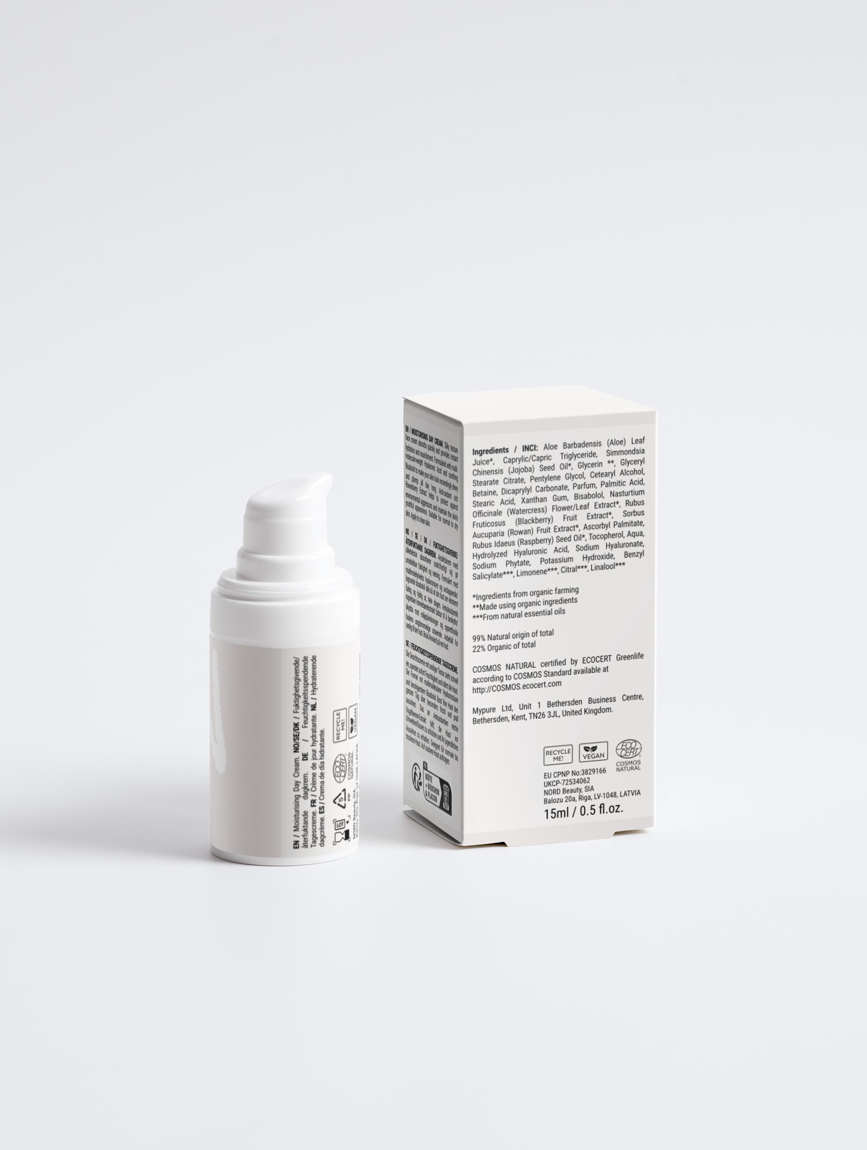 Moisturising Day Cream with hyaluronic acid and aloe juice in 15ml pump bottle, shown with ingredient list box for dehydrated and normal skin.