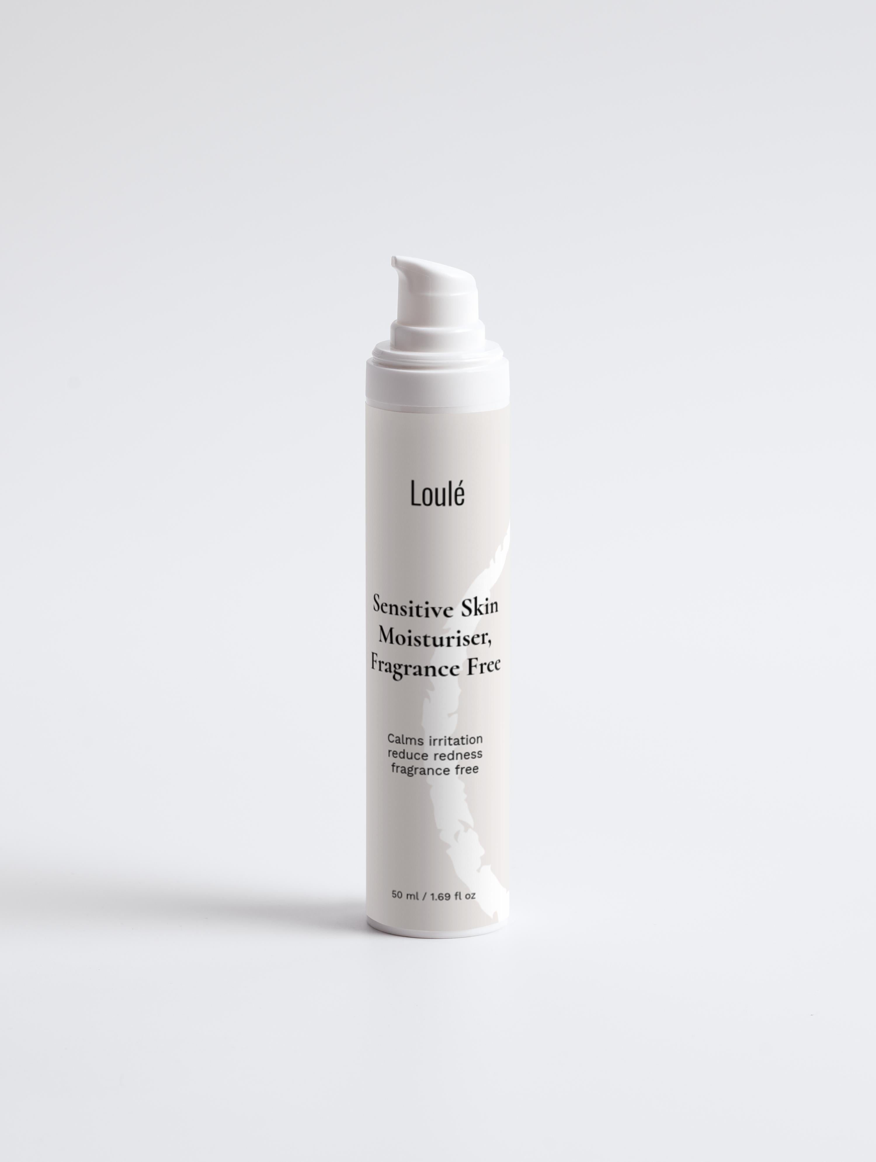 Loulé Sensitive Skin Moisturiser, Fragrance Free in a sleek white 50ml pump bottle, ideal for calming irritation and hydrating sensitive skin.