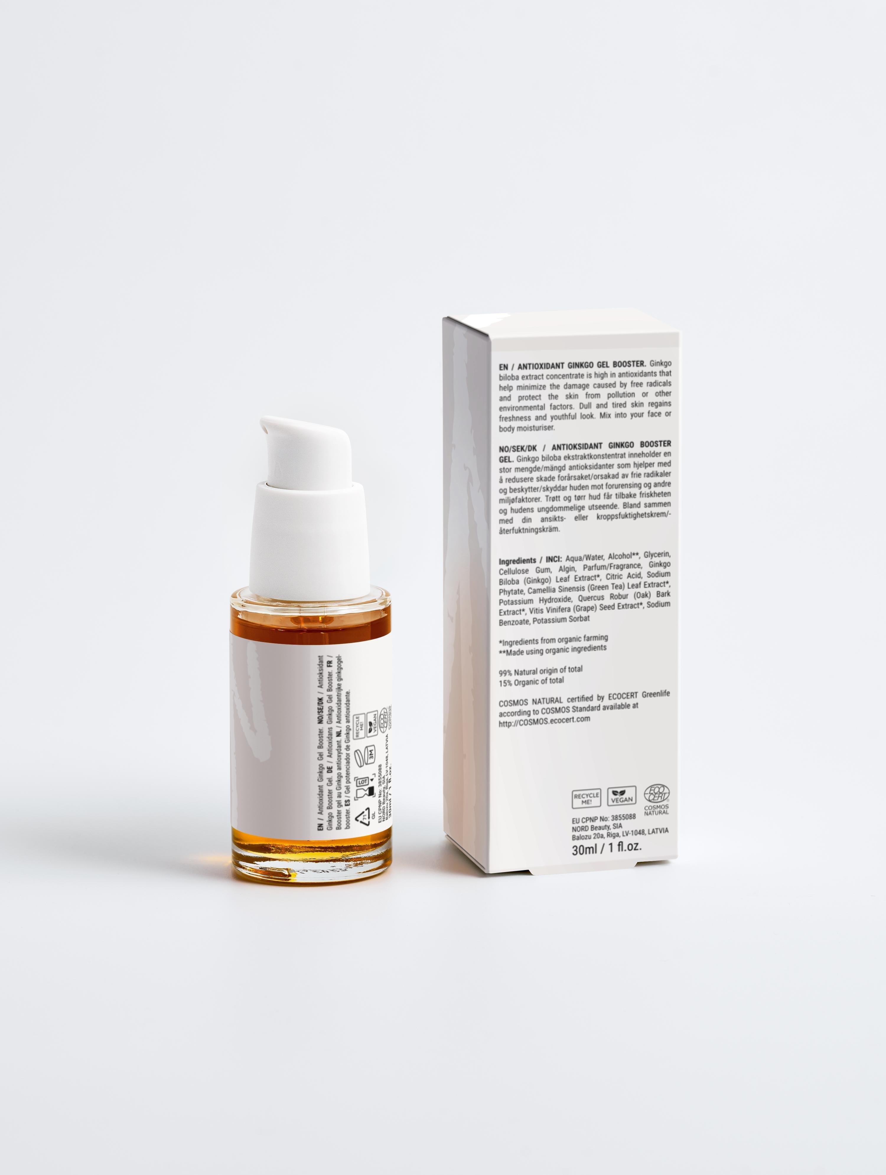 Antioxidant Ginkgo Gel Booster in transparent bottle with white pump, ideal for hydrating and anti-aging face care for all skin types.