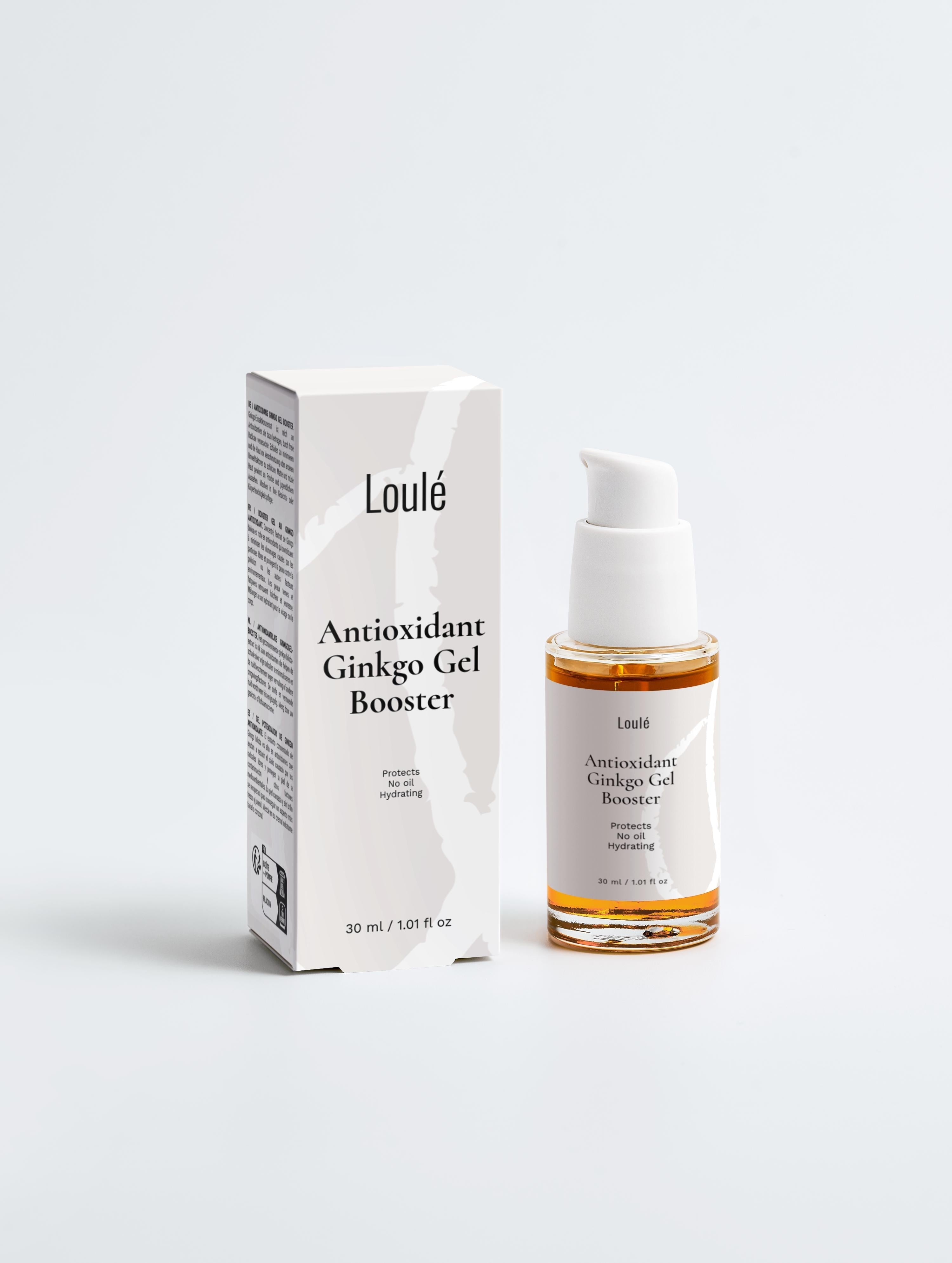 Antioxidant Ginkgo Gel Booster in transparent bottle with white pump, ideal for hydrating and anti-aging face care for all skin types.