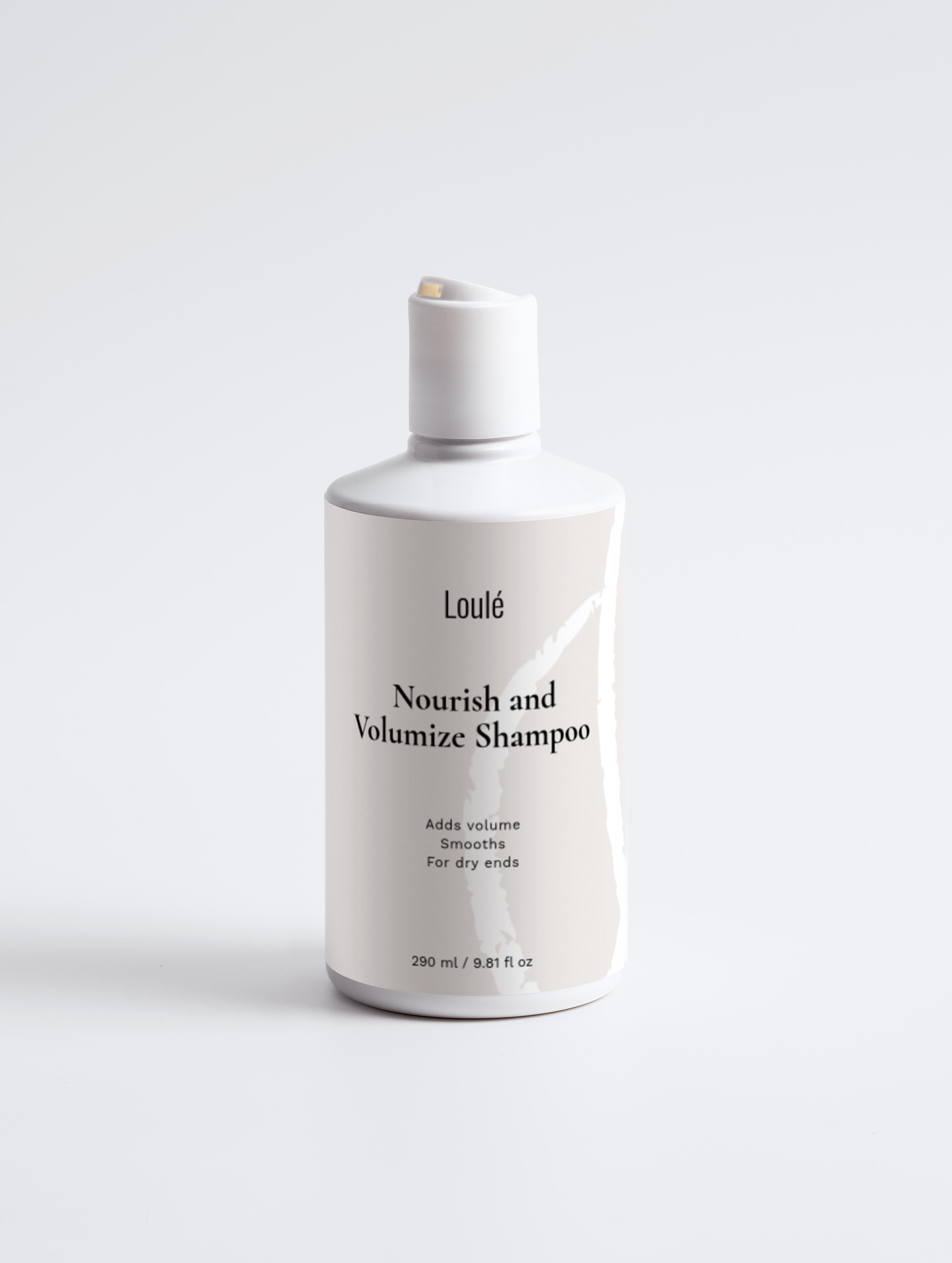 Loulé Nourish and Volumize Shampoo in white 280ml bottle, designed for dry ends and lack of volume with wheat protein and betaine.