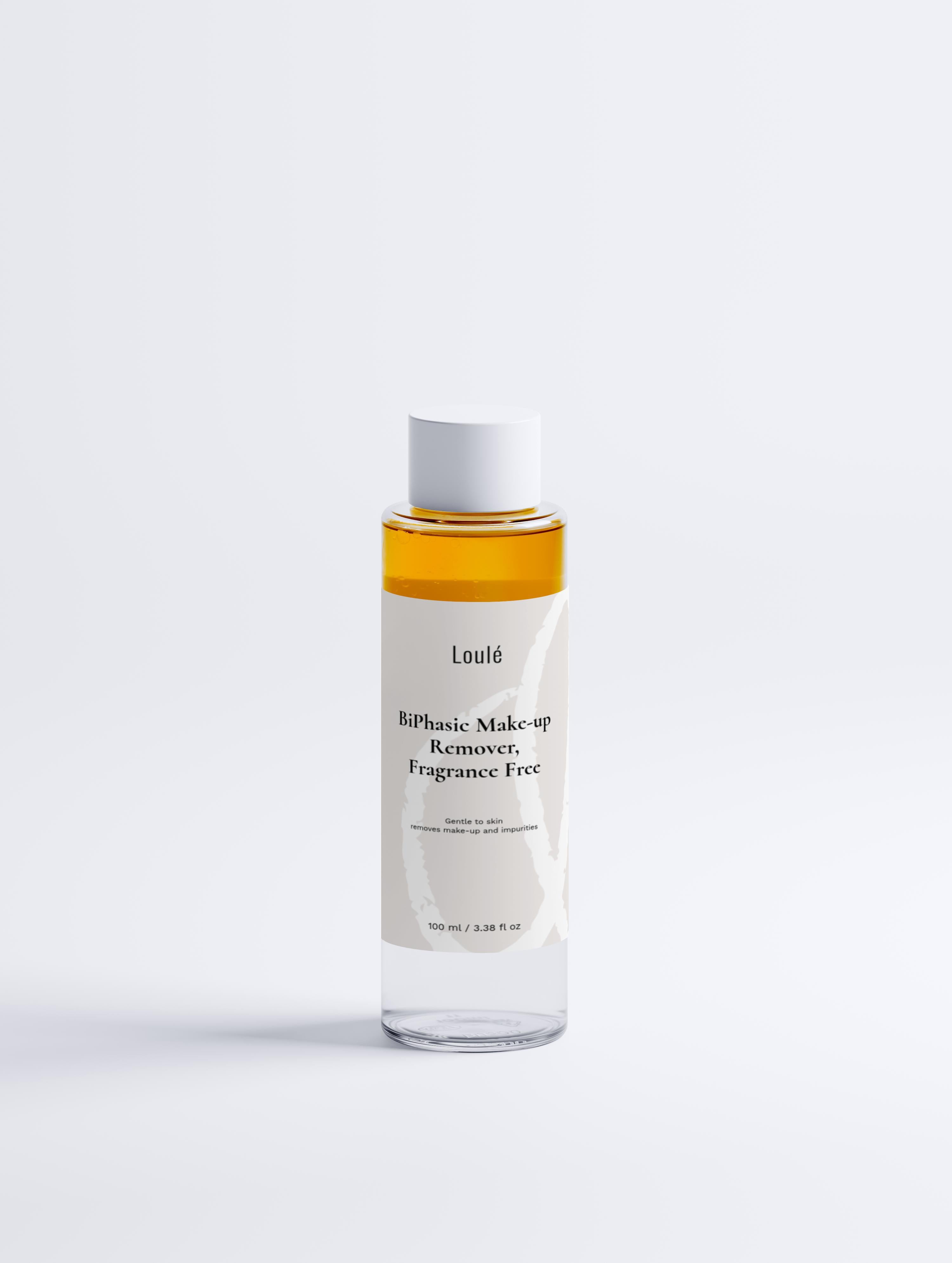 Loulé BiPhasic Make-up Remover, Fragrance Free in a transparent bottle with dual-phase liquid. Ideal for all skin types, enriched with aloe juice and hyaluronic acid.