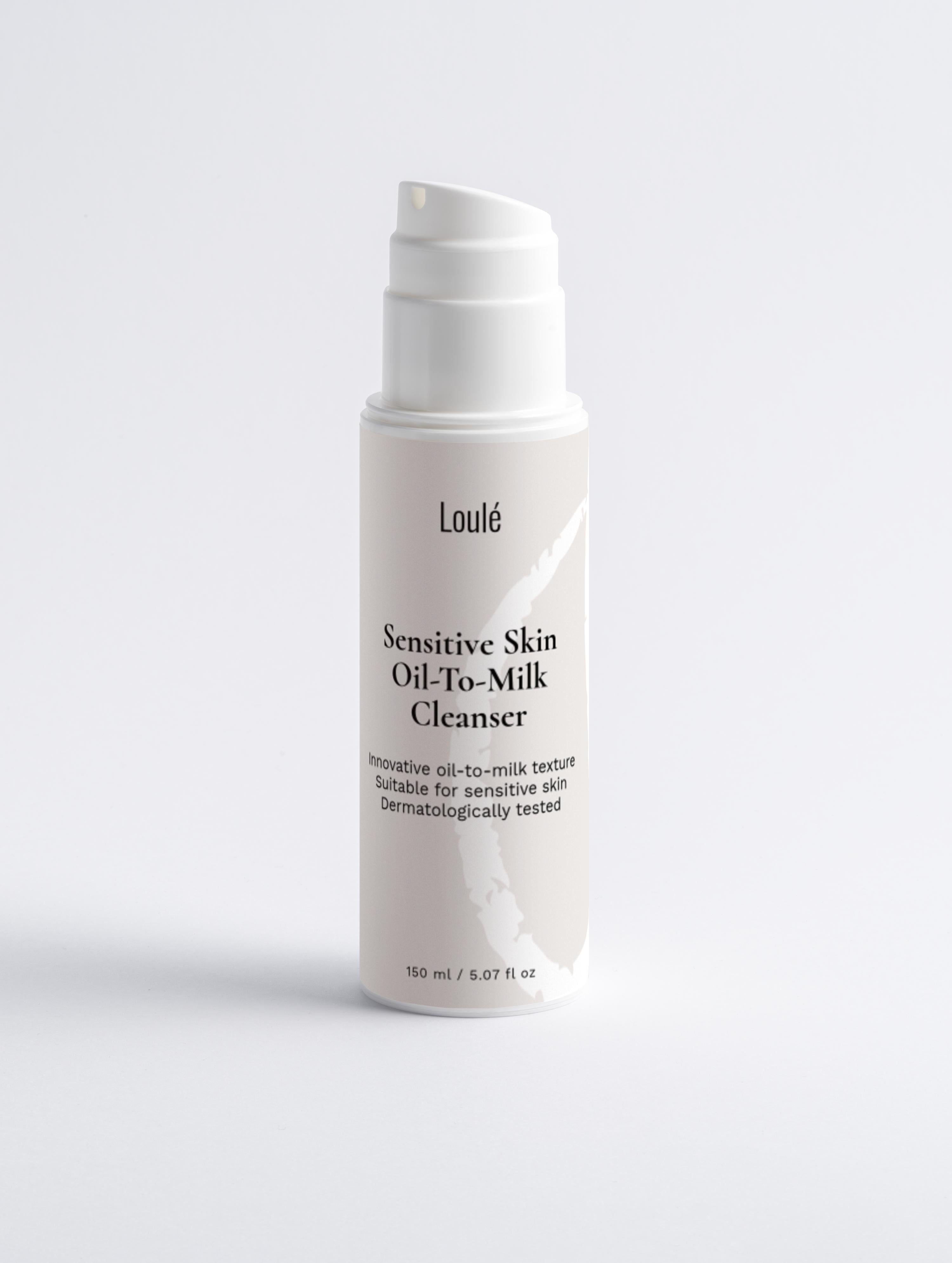 Loulé Sensitive Skin Oil-To-Milk Cleanser in white 150ml pump bottle, ideal for gentle cleansing and suitable for sensitive, dehydrated skin types.