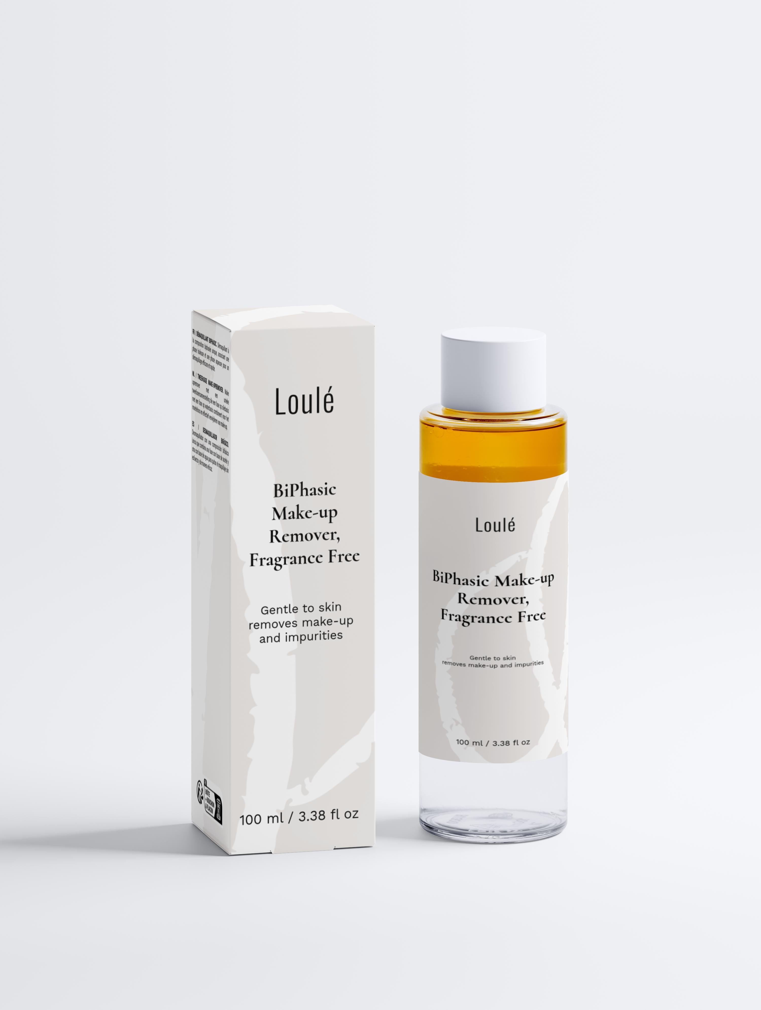 Loulé BiPhasic Make-up Remover, Fragrance Free with aloe juice and hyaluronic acid in a transparent bottle and box, ideal for all skin types.
